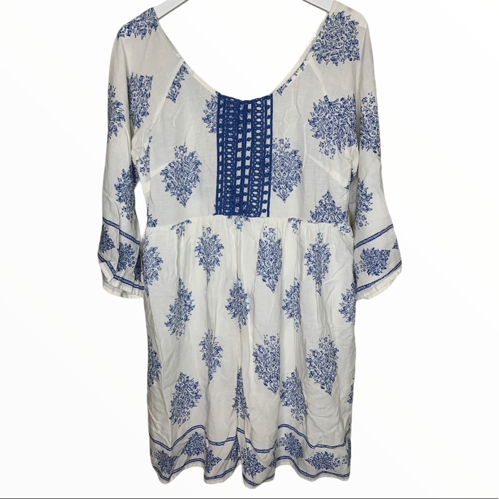 ENTRO Anthropologie Boho Lace Dress With Flowy 3/4 Sleeves Ivory/Blue Sz Medium